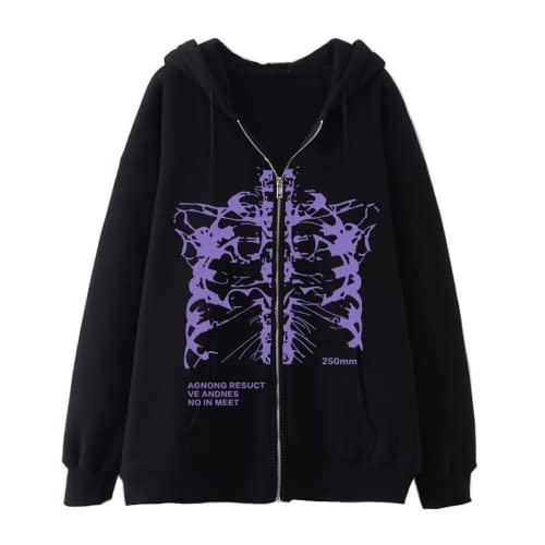 Men Women Y2K Skeleton Zip Up Hoodie Emo Gothic Oversized Grunge