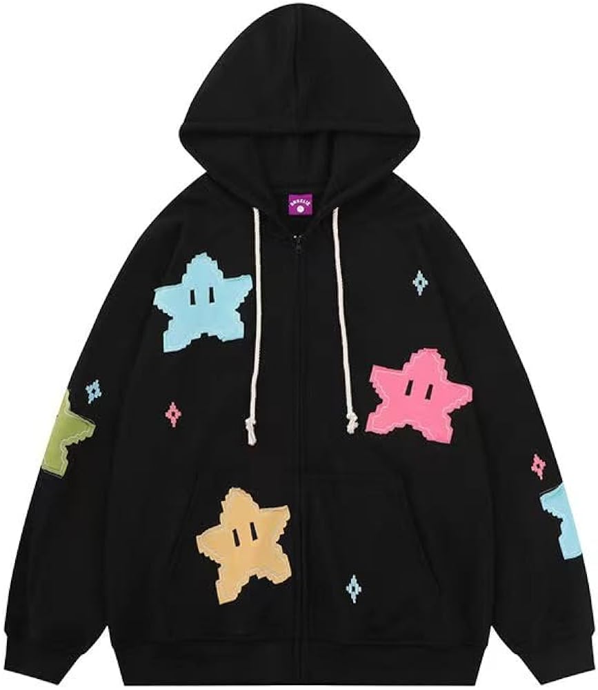 Flixxo Fairy Grunge Patchwork Star Zip Up Hoodie Y2K Oversized