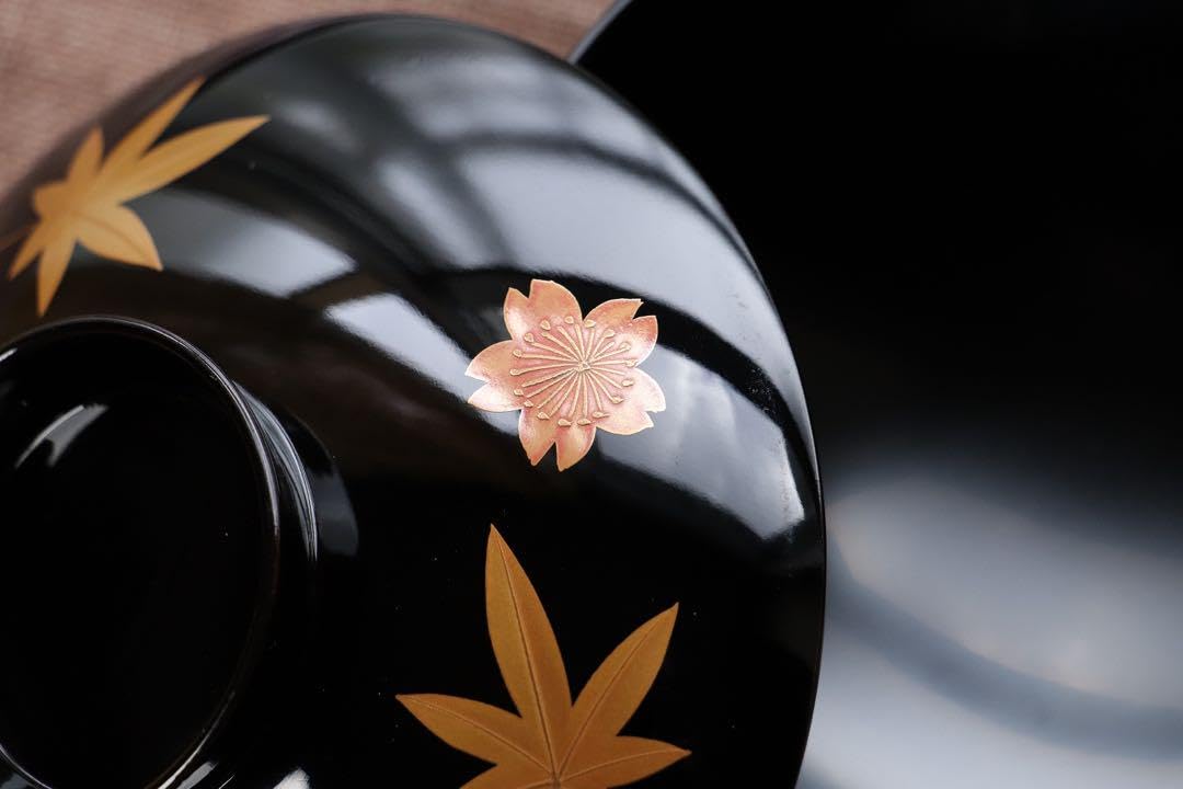 BJ021 時代輪島塗波に雲上富士図金蒔絵吸物椀五客木製 BJ021