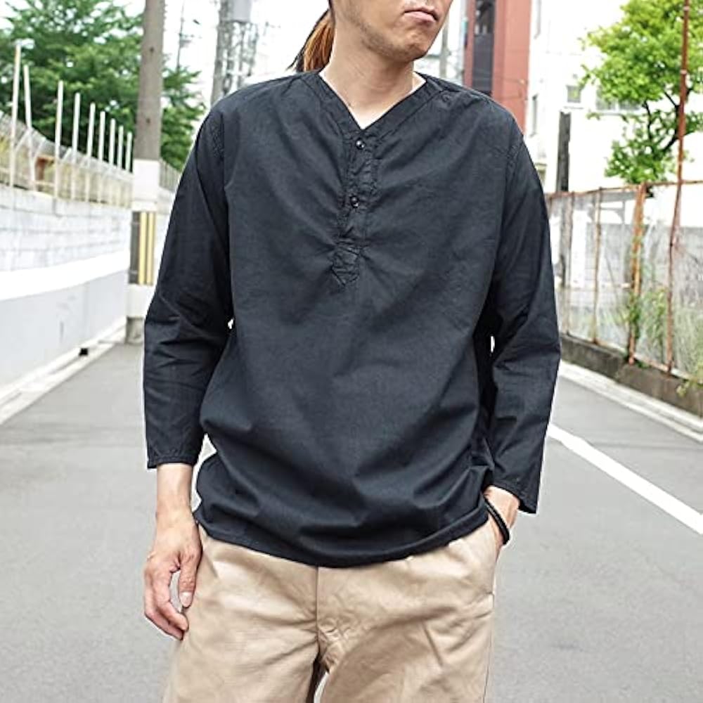 Amazon.co.jp: ロシア軍 スリーピングシャツ サマー ヘンリーネック 黒