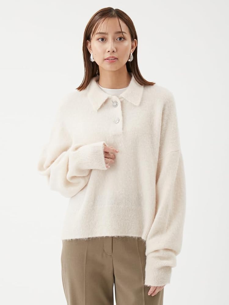 Amazon | [ミラオーウェン] ビジュー釦クロップドポロニットプル