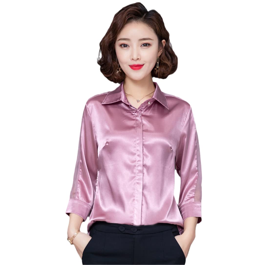 Amazon.co.jp: 女性サテンシャツブラウスメッシュスリーブラペルシルク