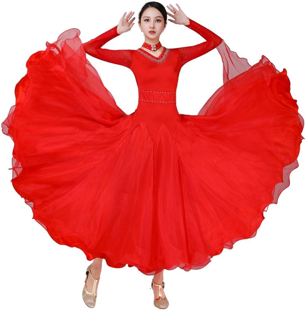 Amazon.co.jp: [RIKOUZY] 赤 社交ダンスドレス シンプル Vネック