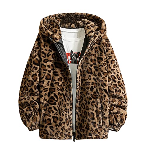 Mens Leopard Fleece Jackets Faux-Fur Hood Fuzzy Outerwear Unisex