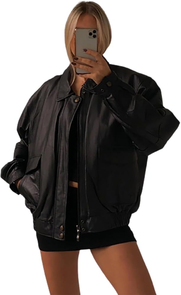 Women's Fashion 90s Leather Jacket Oversized Leather Bomber Jacket