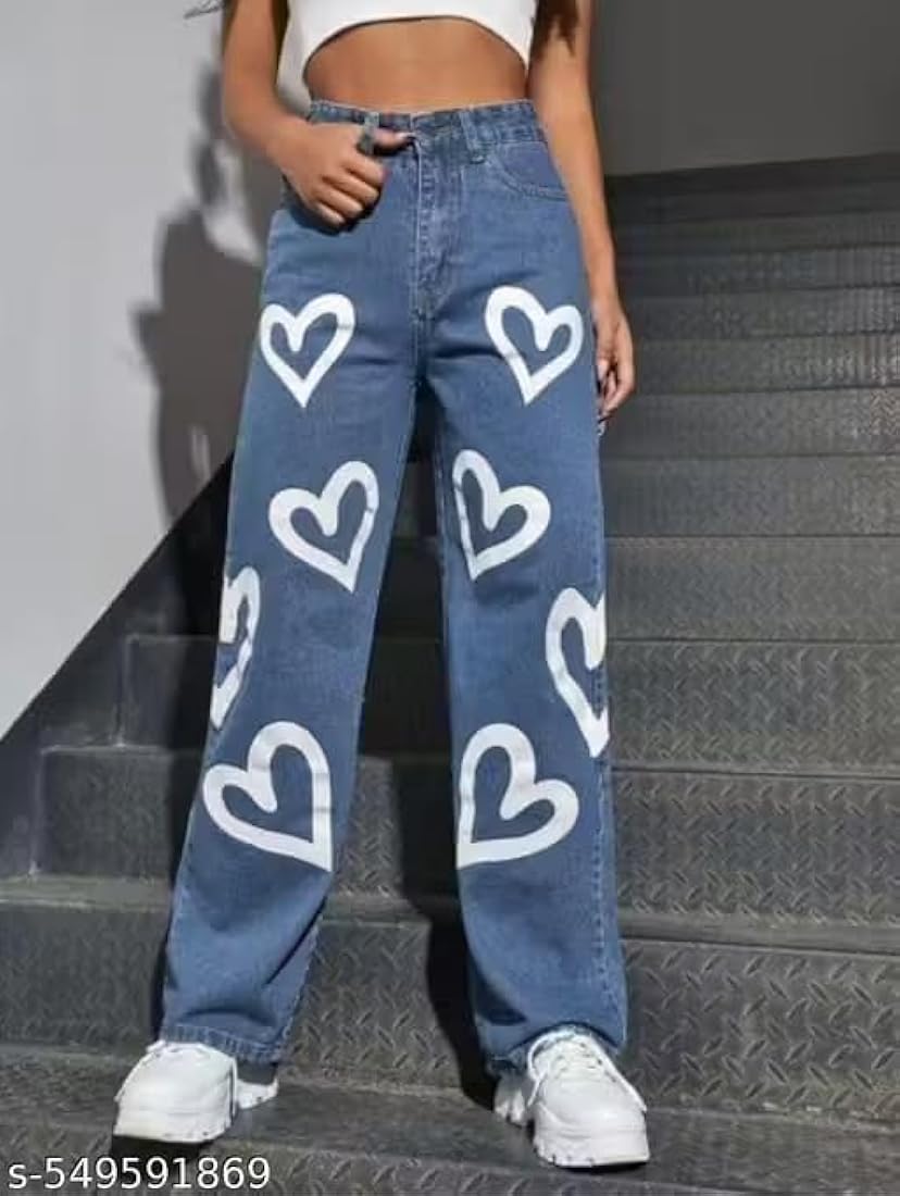 Buy Heart Print Wide Leg Denim Jeans, High Waist, Baggy Style (in
