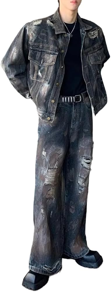 Amazon | [D.IIZOO] ヴィンテージ ダメージ加工 デニムセットアップ