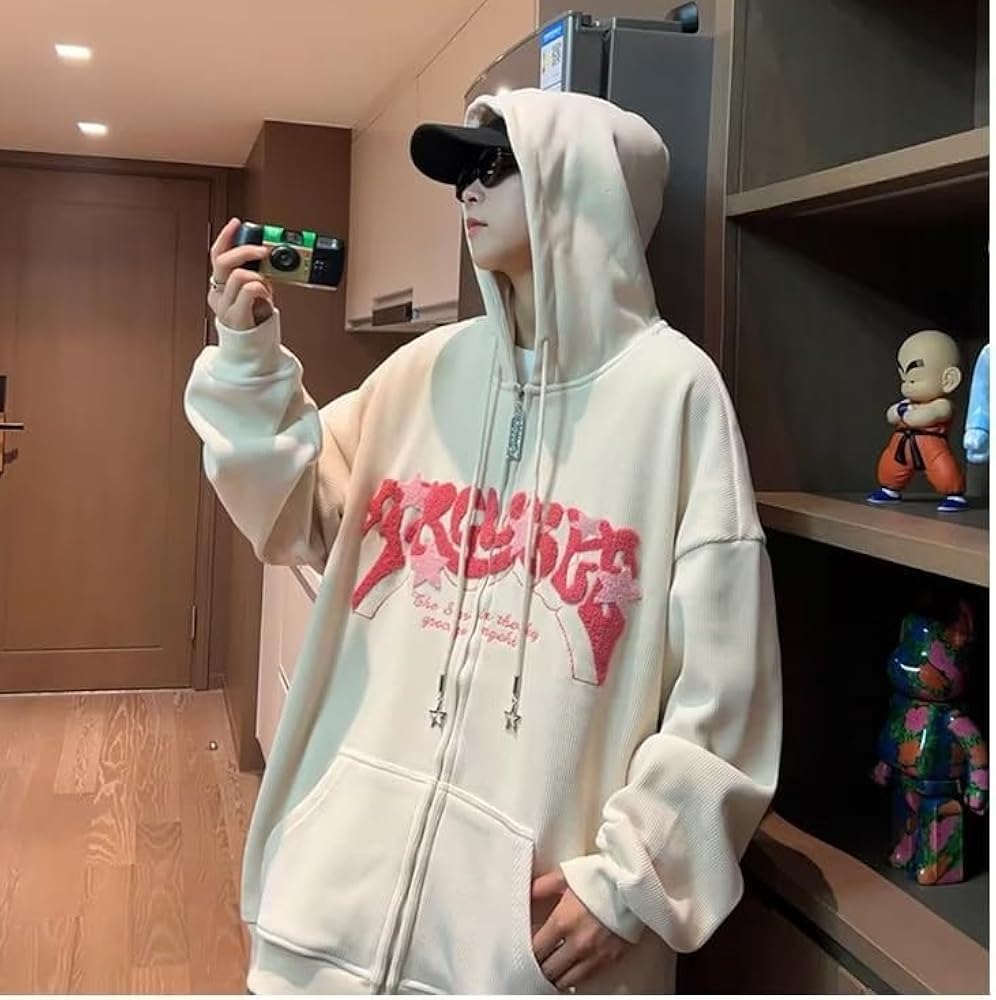 OATSBAS Y2K Zip Up Hoodie for Women Men Letter Print Star Graphic