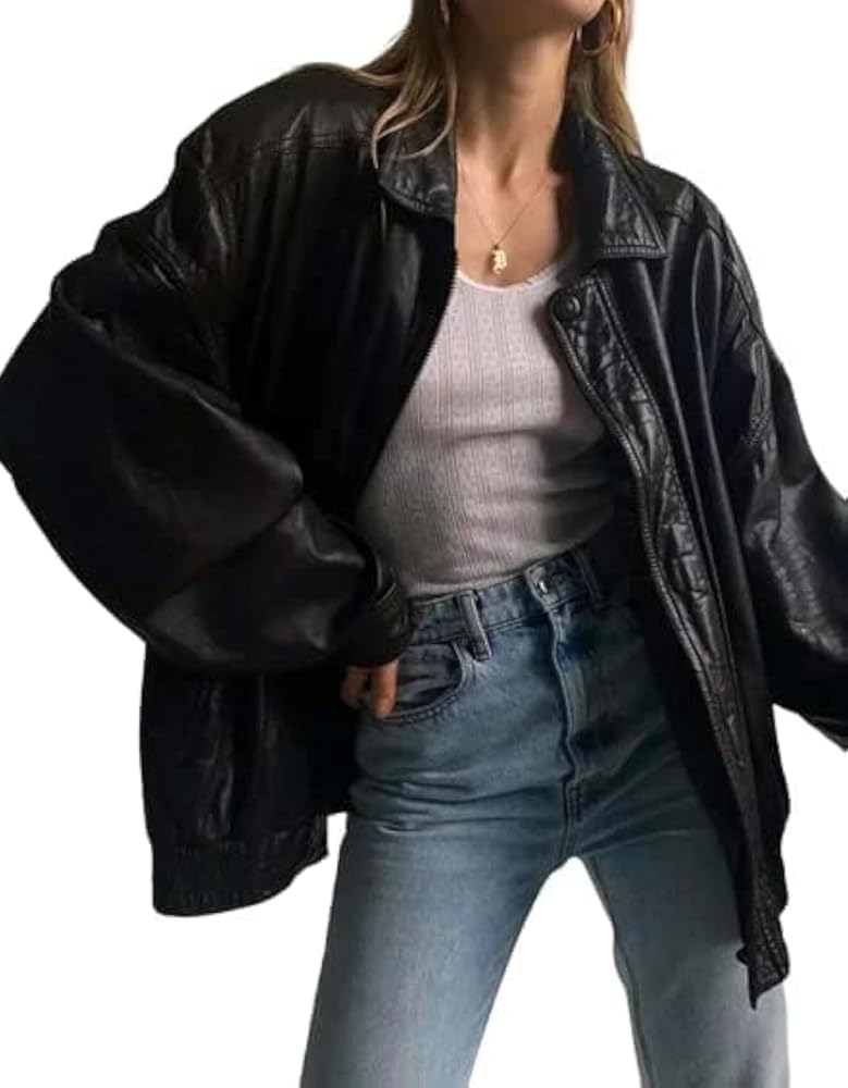 Women's Fashion 90's Oversized Vintage Black Leather Jacket
