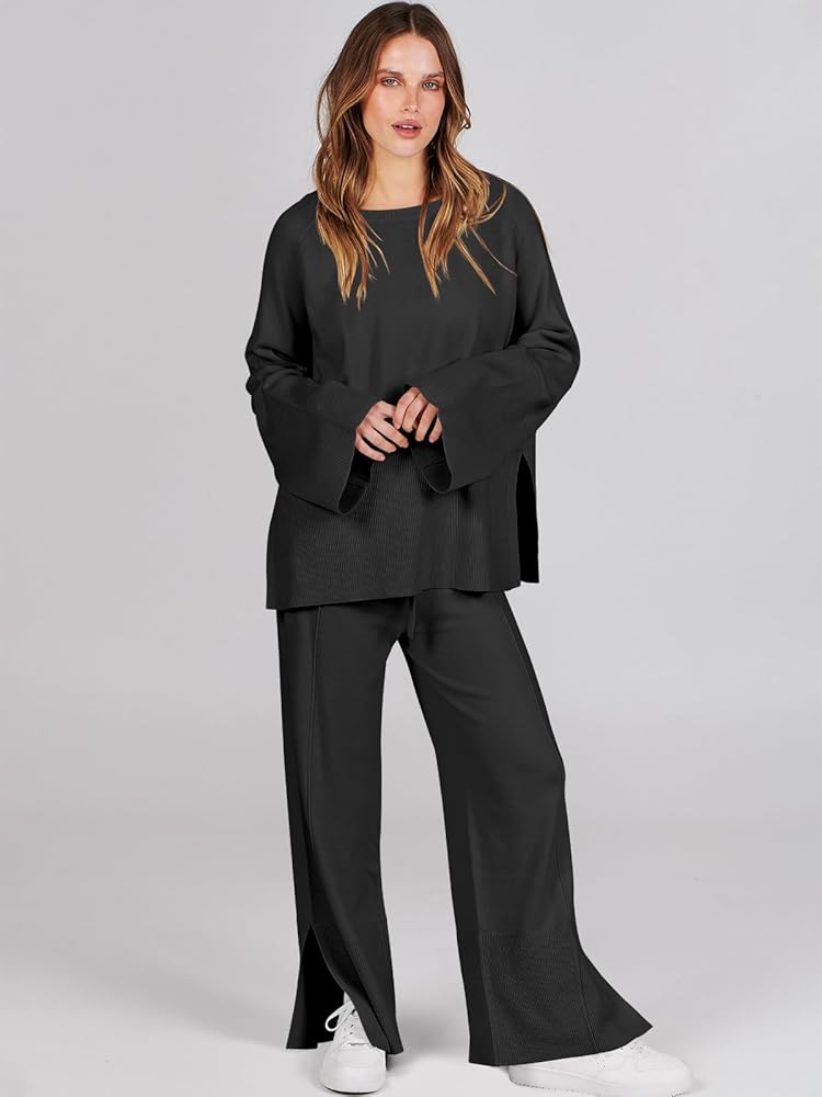 ANRABESS Womens 2 Piece Outfits Oversized Knit Sweater Set Wide