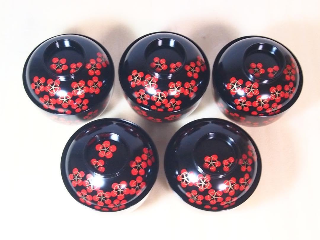 Amazon.co.jp: 京都 平安象彦 紅梅椀 5客 梅蒔絵 小吸物椀汁椀肝吸