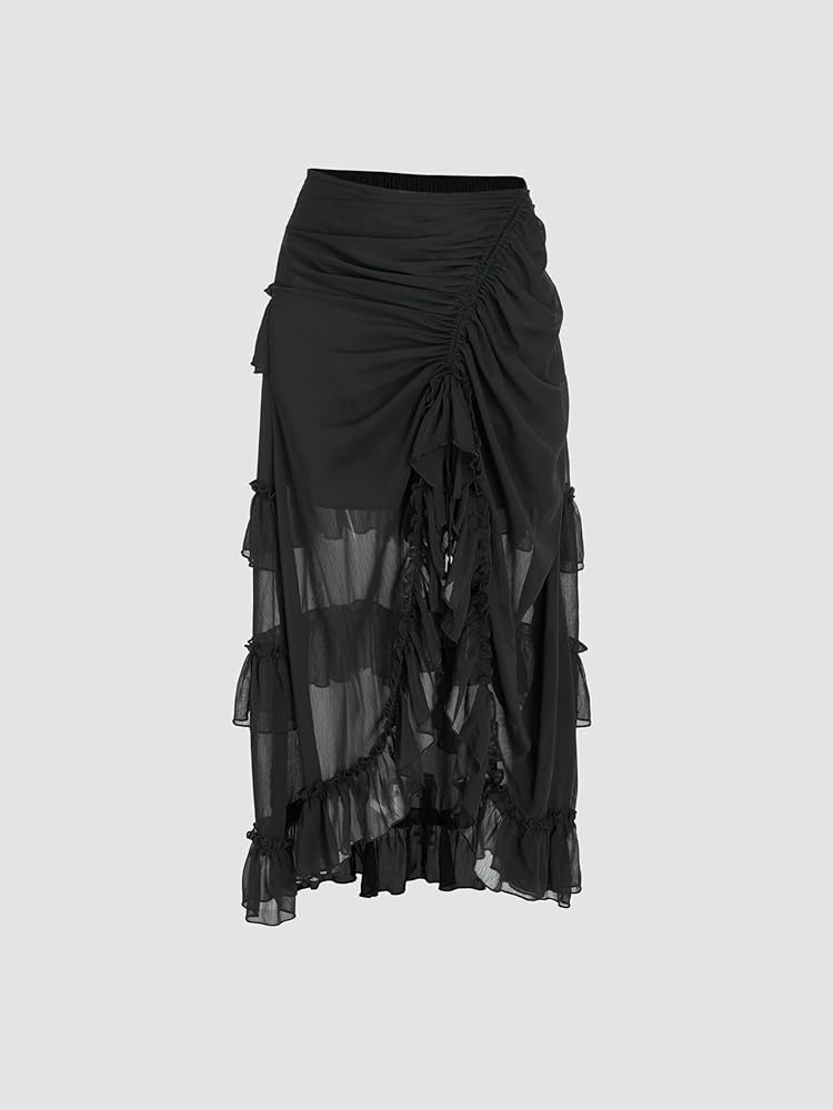CIDER Ruffle Sheer High Waist Maxi Skirt: Black, XXS at Amazon