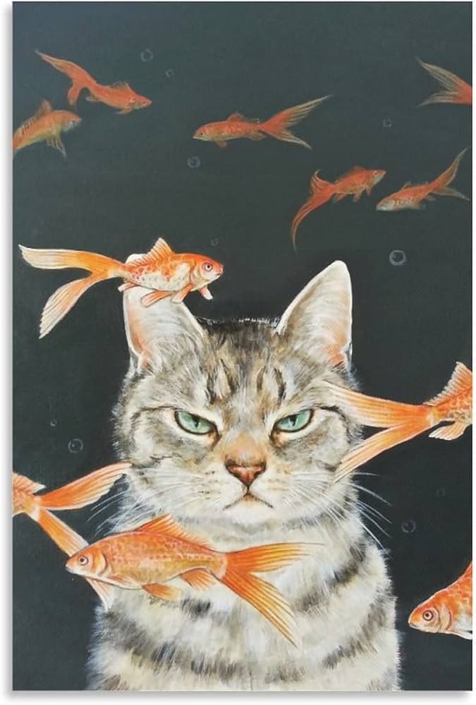 Amazon.co.jp: おしゃれ 猫柄 金魚 ネコ 魚を見つめる 猫 アートパネル