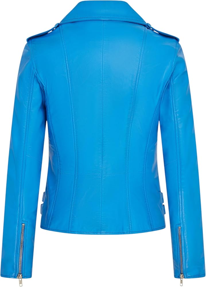 Ladies Retro Blue 100% Nappa Leather Biker Jacket at Amazon