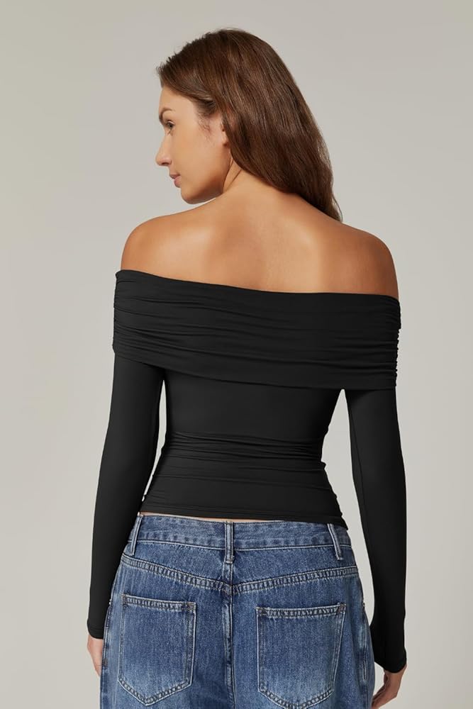 QINSEN Going Out Tops for Women Off The Shoulder Long Sleeve T