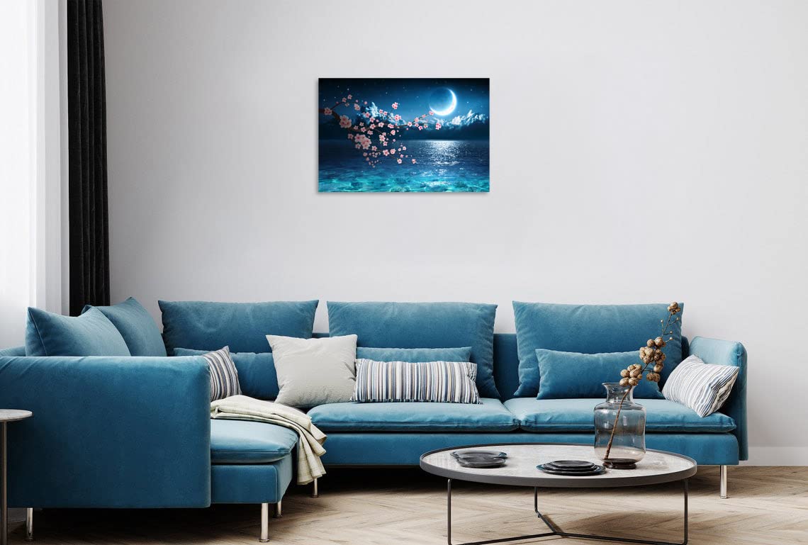 Amazon.co.jp: TutuBeer 桜 月 海 アート 満月の夜の咲く木 風景画