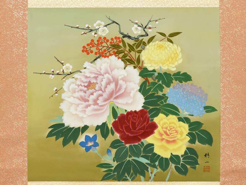 1199 精志 「四季花」 共箱 肉筆 絹本 日本画 掛軸 1199 精志 「四季花