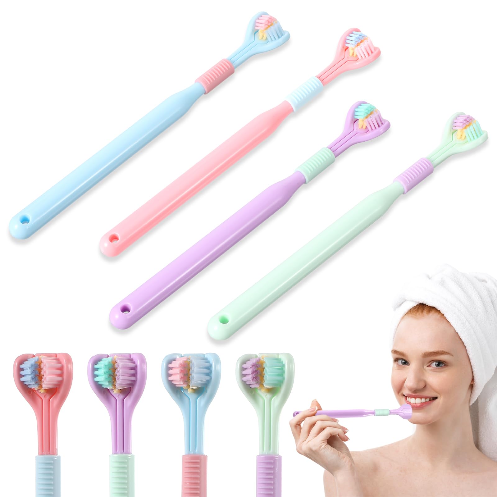 Amazon | LLOUSSAK 4本パック 3面歯ブラシ 大人用 カラフル 三方