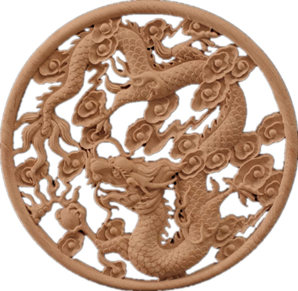 Amazon.co.jp: 木彫りの円形の渦巻き竜の木の板の竜鳳は花の円盤の中国