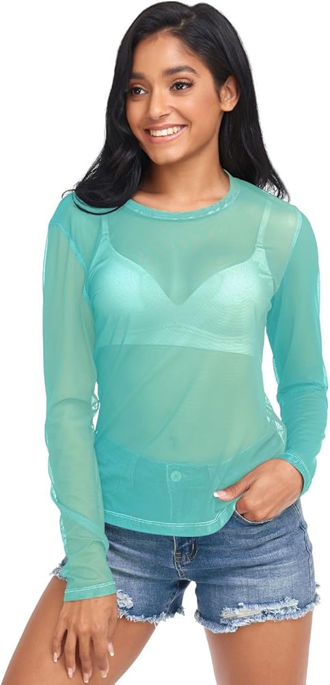 J JOYSAY Turquoise Gradient See Through Tops for Women Mesh Sheer