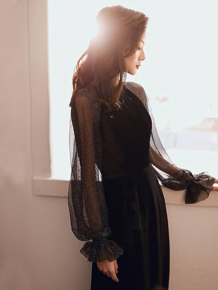 Amazon.co.jp: パーティードレス 長袖 ロングドレス 黒 結婚式