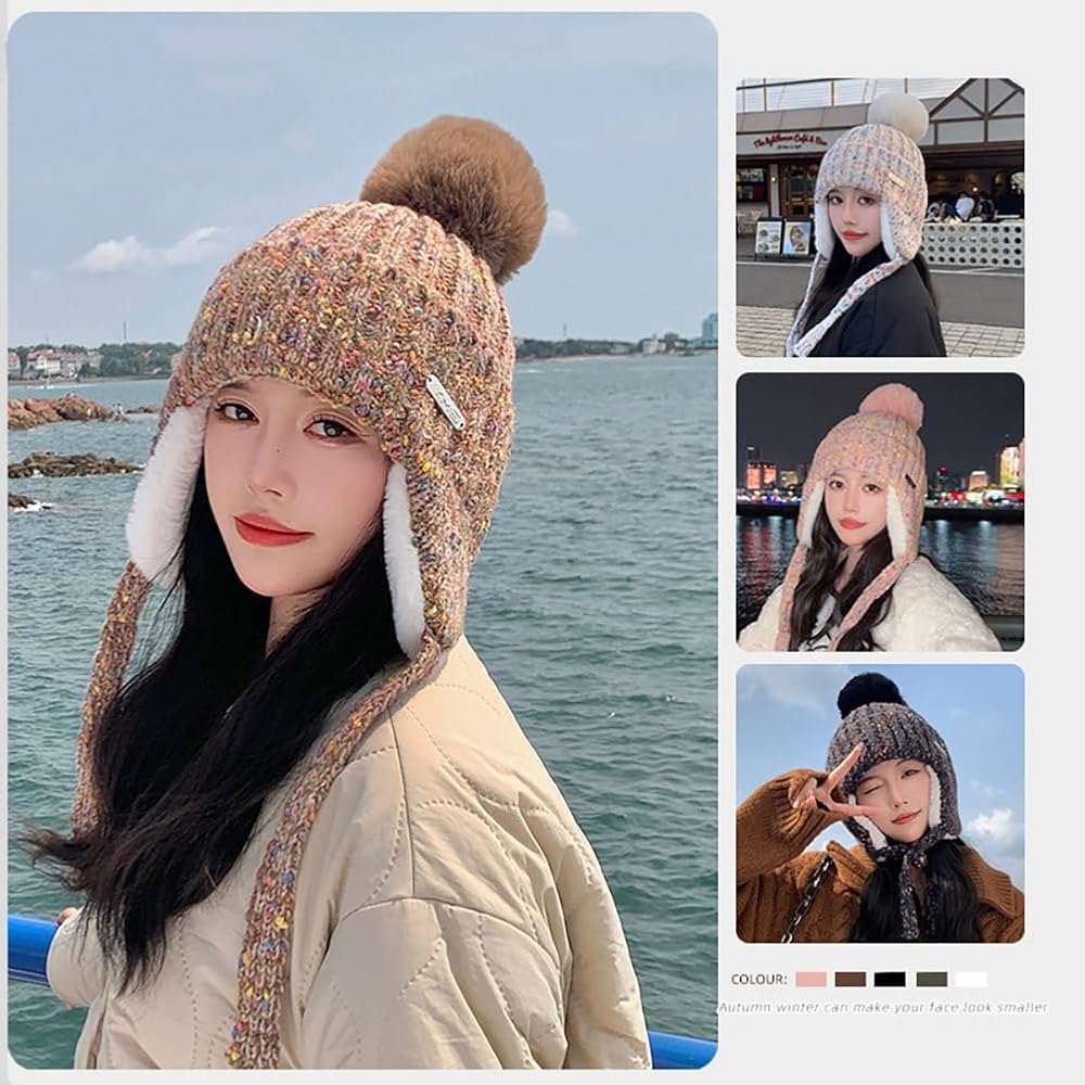 Amazon | [ミナコライフ] ニット帽 ポンポン 大きいサイズ 耳あて付