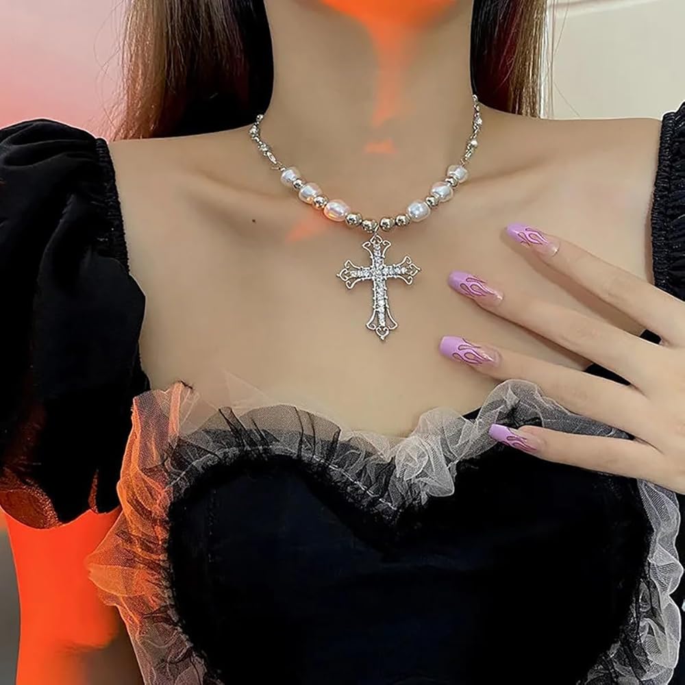 Amazon.com: Pearl Cross Necklaces for Women Gothic Cross Pendant