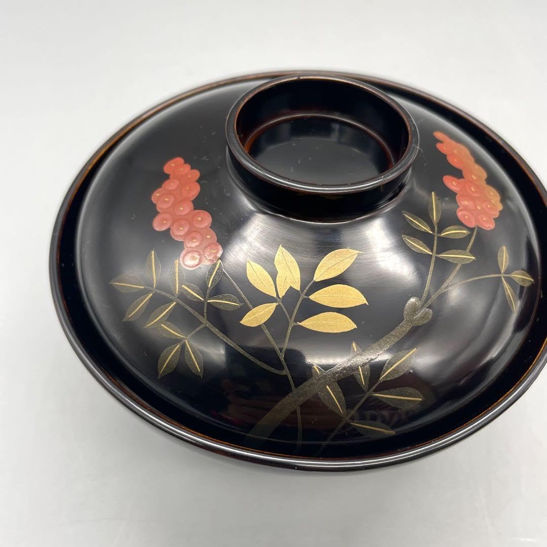 Amazon.co.jp: 蒔絵椀 十客 南天絵付 吸物椀漆芸 漆器 骨董