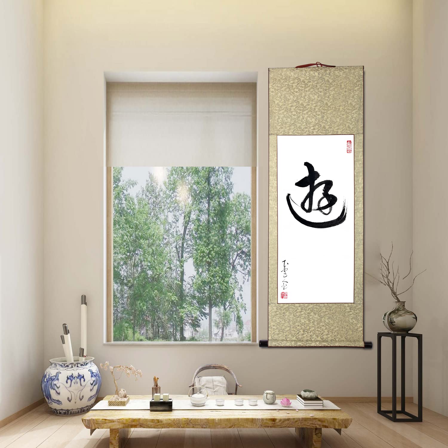 Amazon | 掛軸 掛け軸 おしゃれ 游 肉筆 一文字の禅語 四尺四 年中掛け