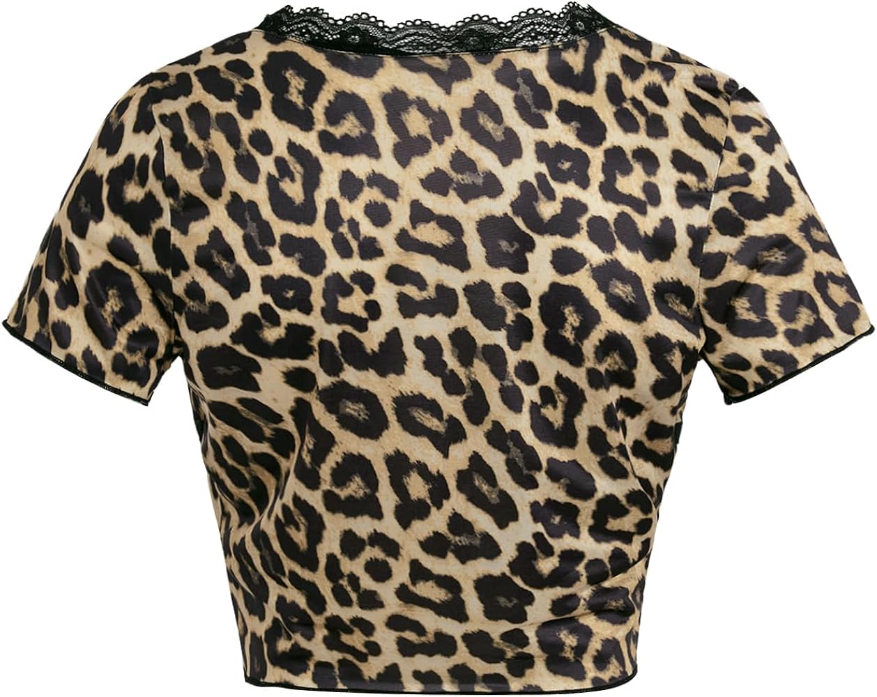 SOLY HUX Women's Y2k Lace Leopard Print Tee Crop Tops Deep V Neck
