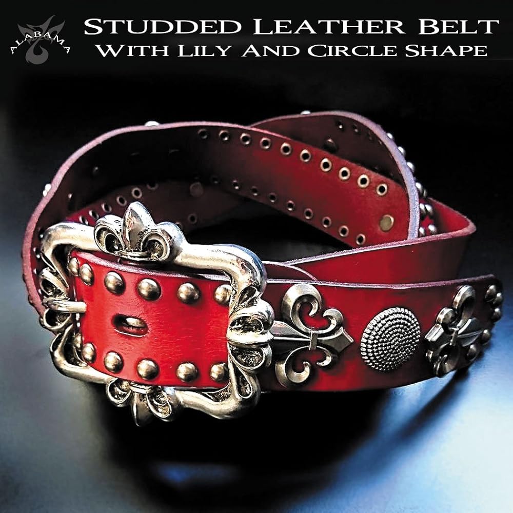 Amazon | [Deep Zone] スタッズベルト メンズ レッド 革 百合紋章