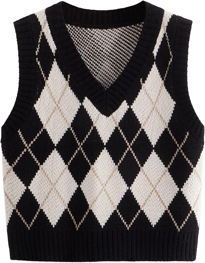 SweatyRocks Women's Plaid Geo Sleeveless V Neck Knit Crop Top