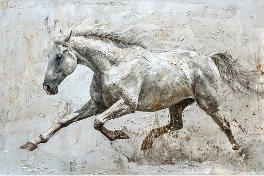 Amazon.co.jp: 疾走するオリジナルの白い馬の絵画 | キャンバスに描か