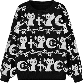 WDIRARA Women's Goth Cartoon Pattern Sweater Long Sleeve Crewneck