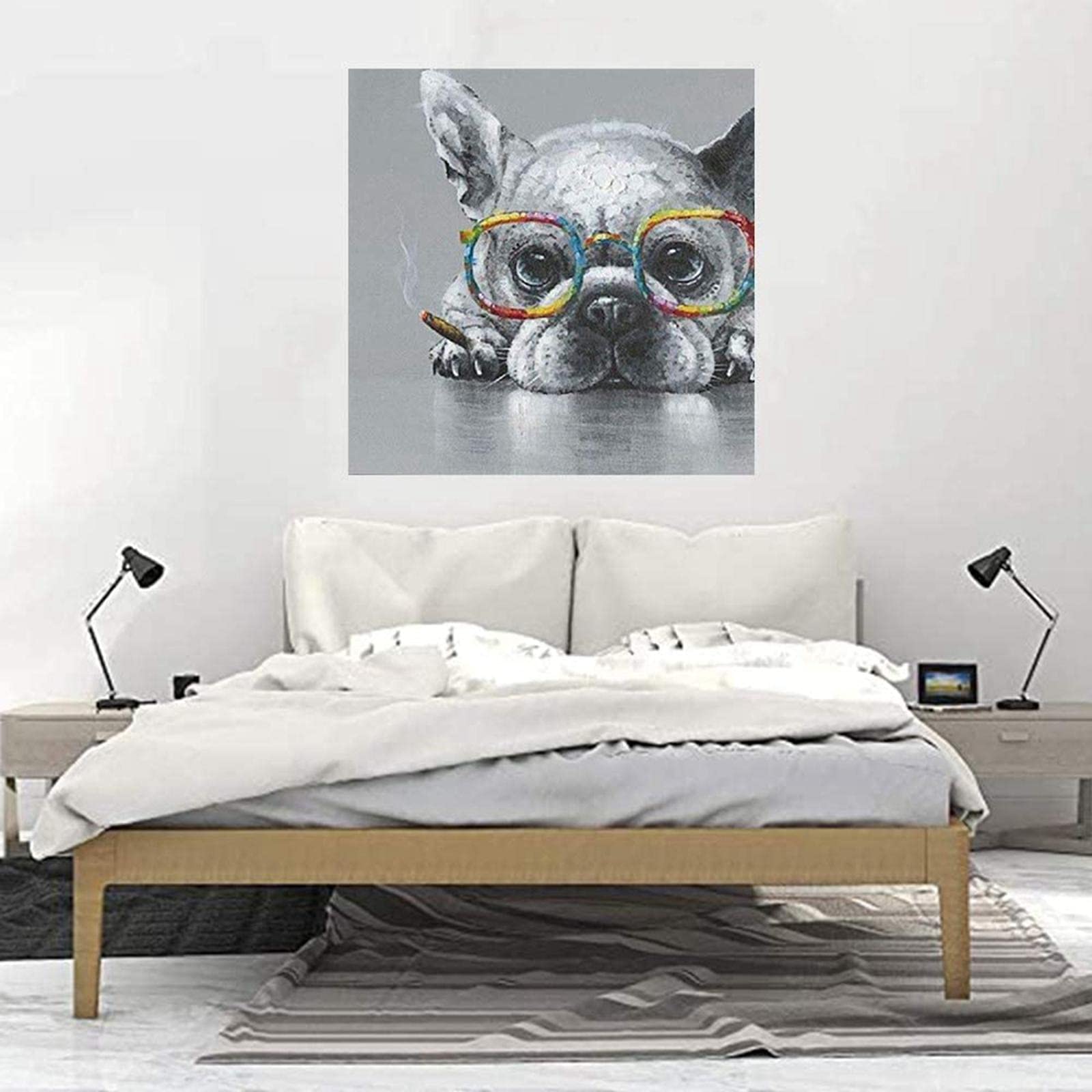 Amazon.co.jp: 油絵 犬 フレンチブルドッグ アート 黒白 眼鏡 喫煙