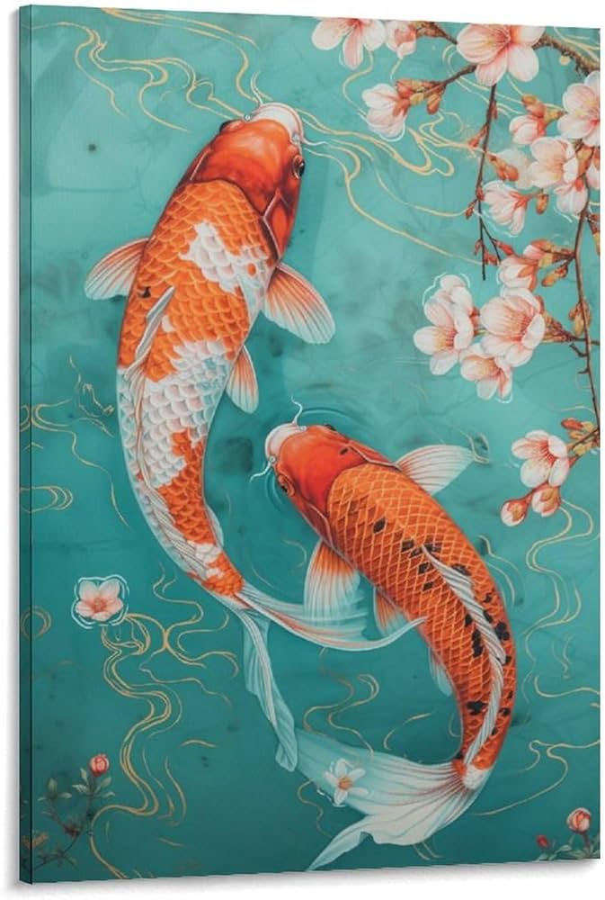 Amazon.co.jp: 絵画 花の下を二匹の鯉が泳いでいるインテリア 絵画