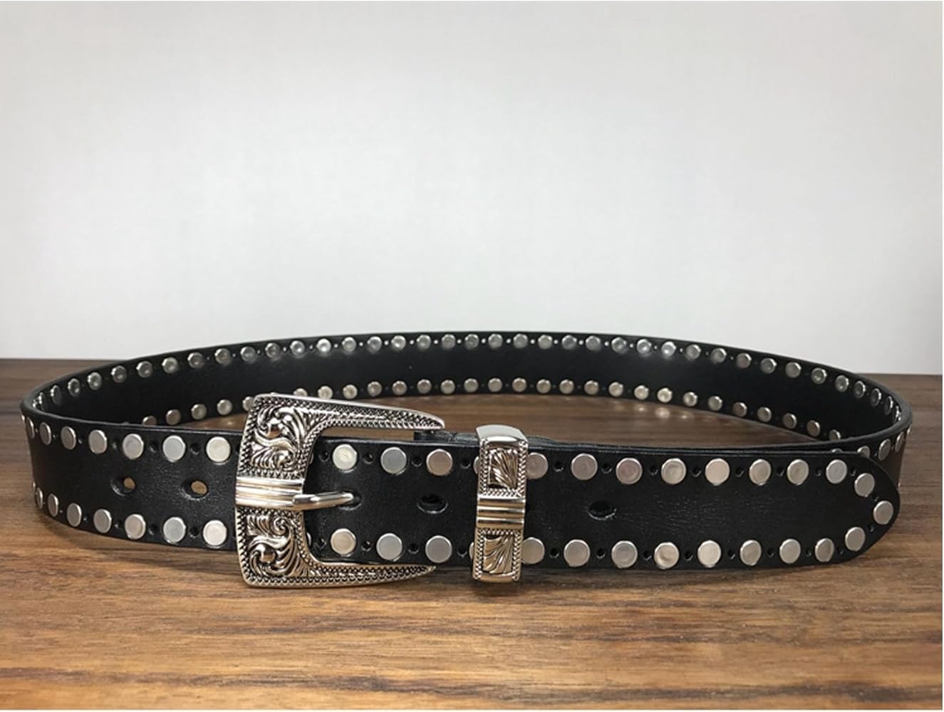 YJSG Leather Rivet Belt for Men with Metal Pin Buckle, Men's Belt