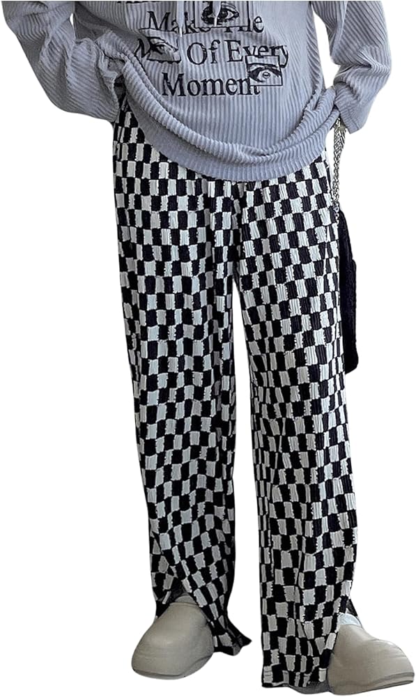 SHENHE Women's Checkered Pants Split Hem Straight Leg Elastic