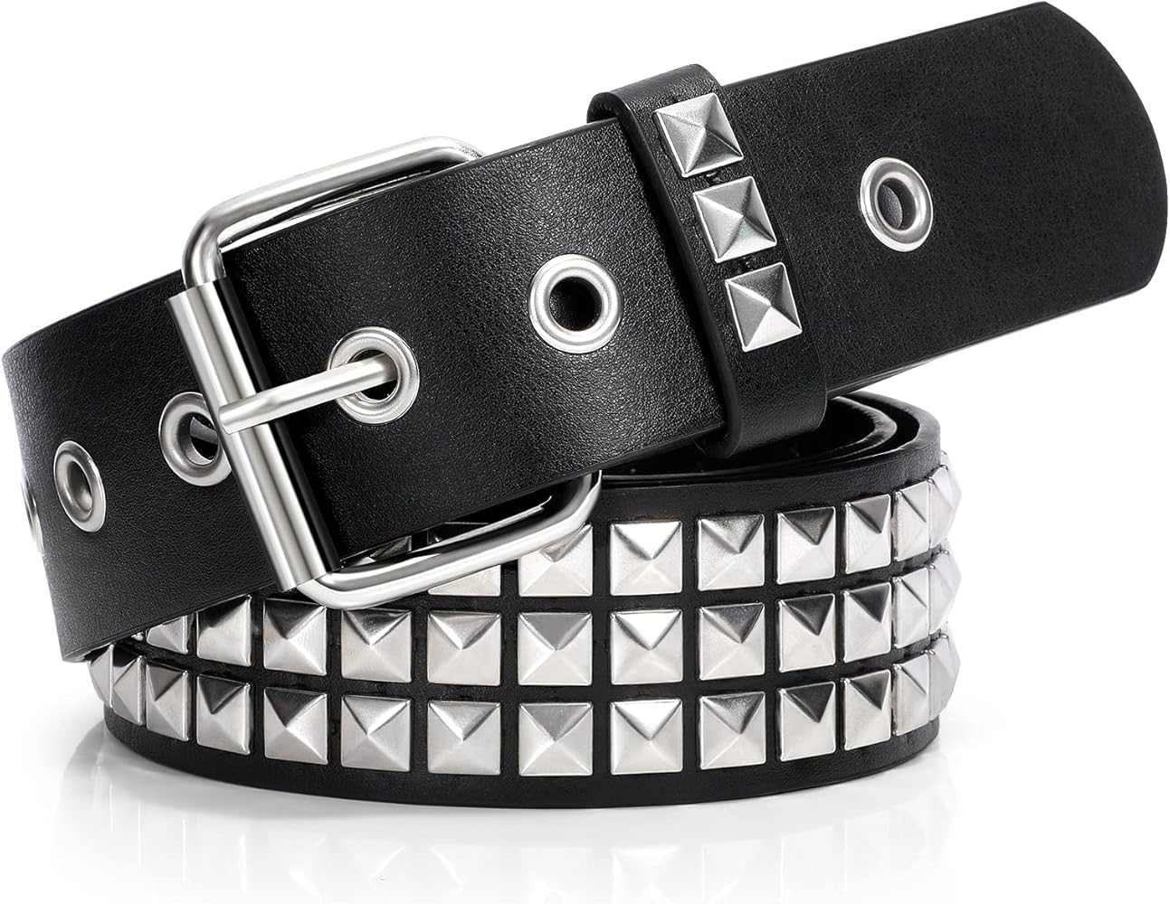 Punk Rivet Studded Belt Goth Row Pyramid Square Bead PU Leather
