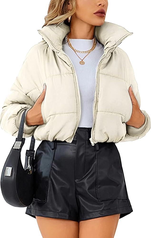 Megfie Womens Lightweight Warm Cropped Jacket Zipper Puffer Jacket