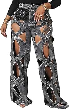 xxxiticat Women's Hollow Out Denim Pants High Waist See Through
