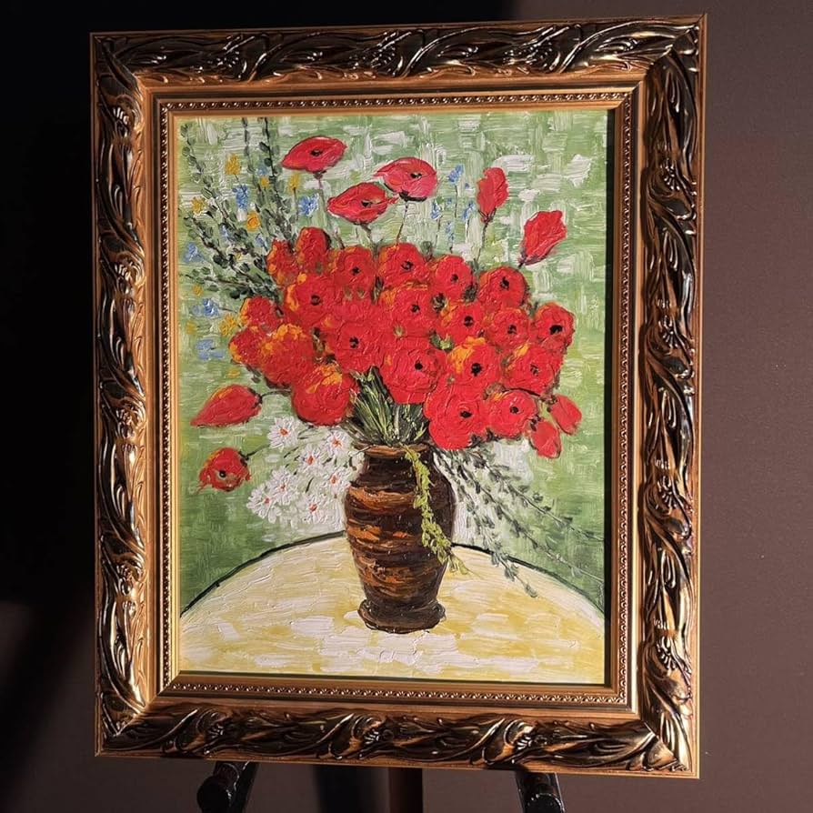 Amazon.co.jp: 手書き油絵 ゴッホ 赤いヒナゲシとヒナギク 額付 絵画