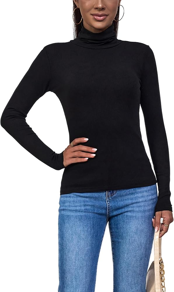 Black Ribbed Turtle Neck Tops for Women(Black X-Small) at Amazon