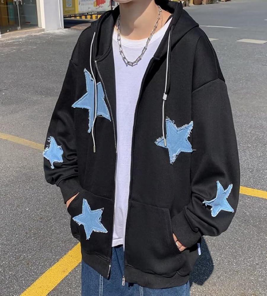 Kelabia Aesthetic Y2K Zip Up Hoodie Vintage Star Patchwork