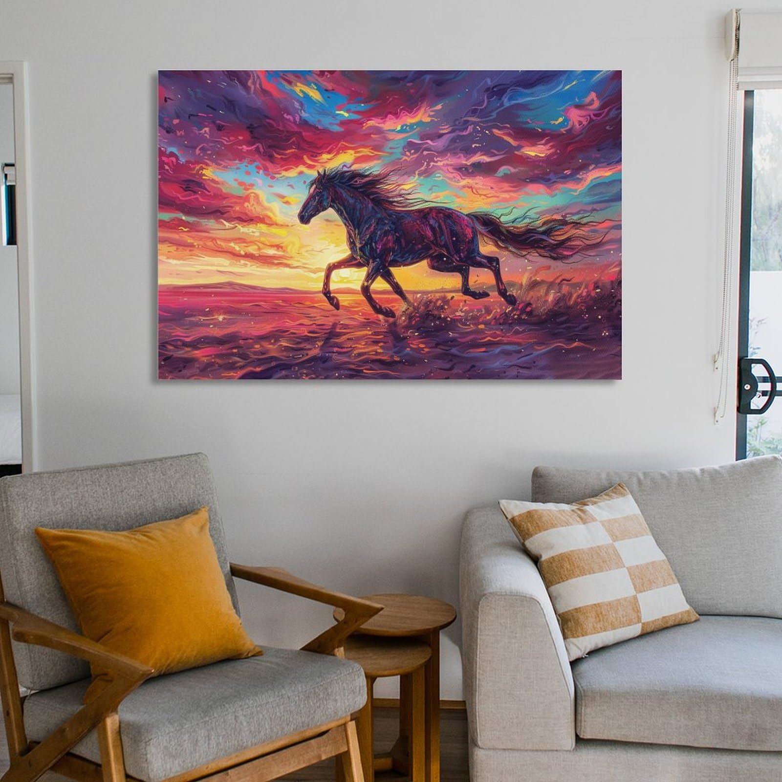 Amazon.co.jp: 絵画 色とりどりの雲の下を疾走する馬 アートパネル