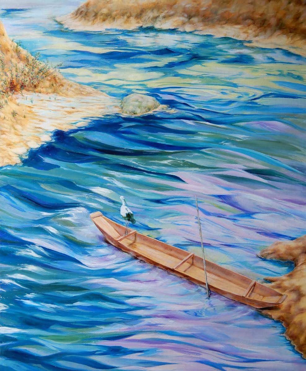 Amazon.co.jp: 絵画 直筆アート 「小舟とともに」平塚 加代子 ｜油絵