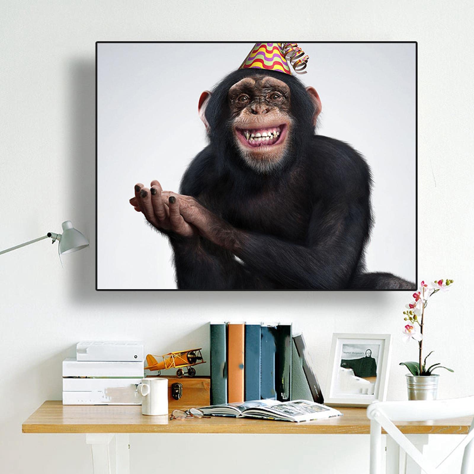 Amazon.co.jp: 面白い動物笑顔チンパンジー写真猿キャンバス絵画壁