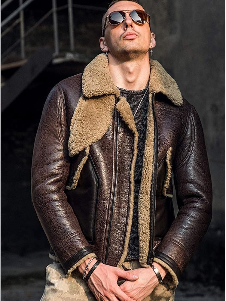 Amazon | 新しいムートンコートメンズブラウンボンバージャケット