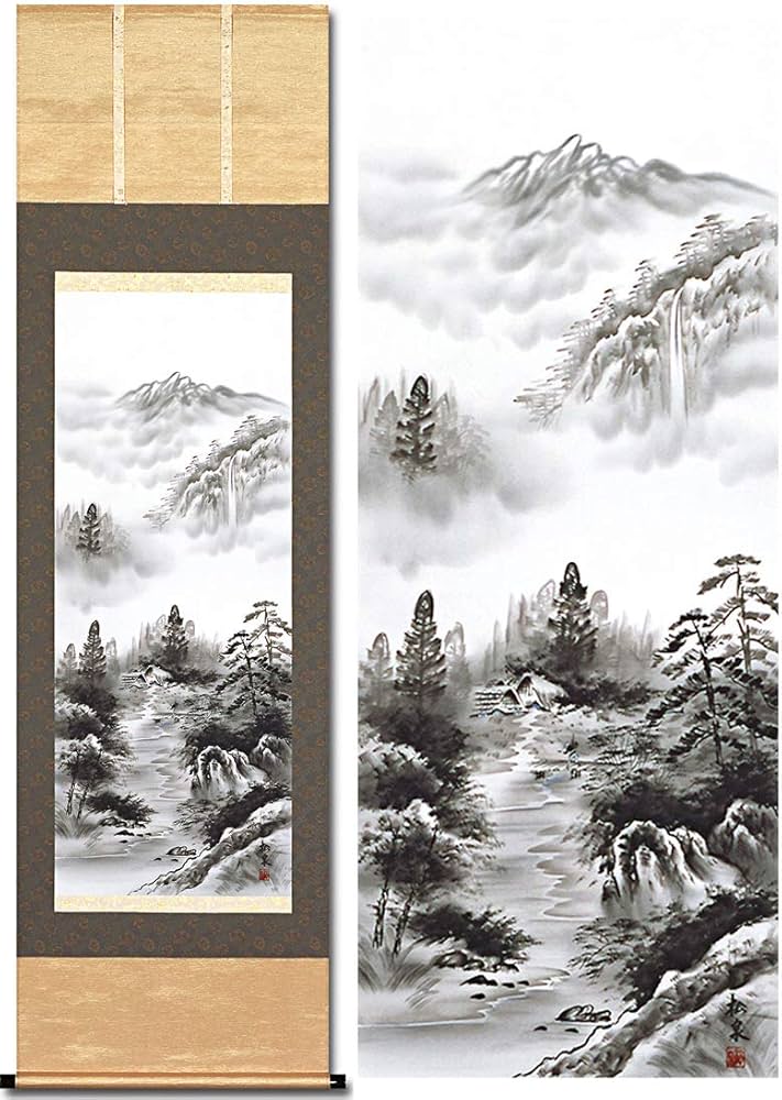 Amazon.co.jp: 掛け軸 山水画 水墨 山水 松泉 床の間 54.5x190cm 尺五