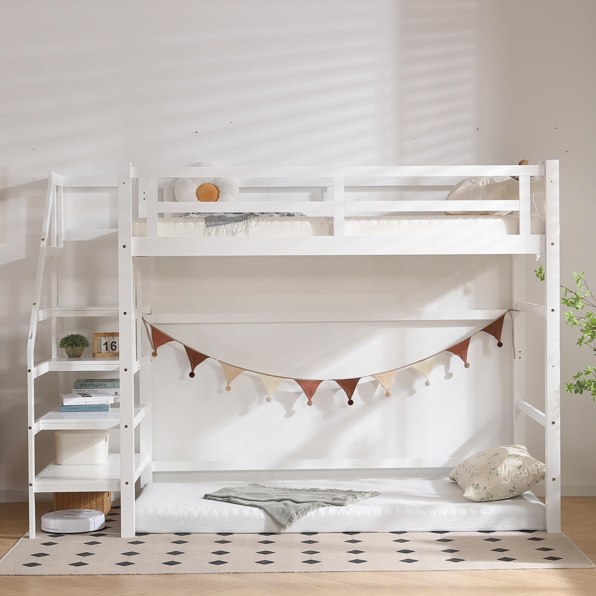 Amazon｜HDKHTWL ロフトベッド シングル 階段付き 天然木 コンセント